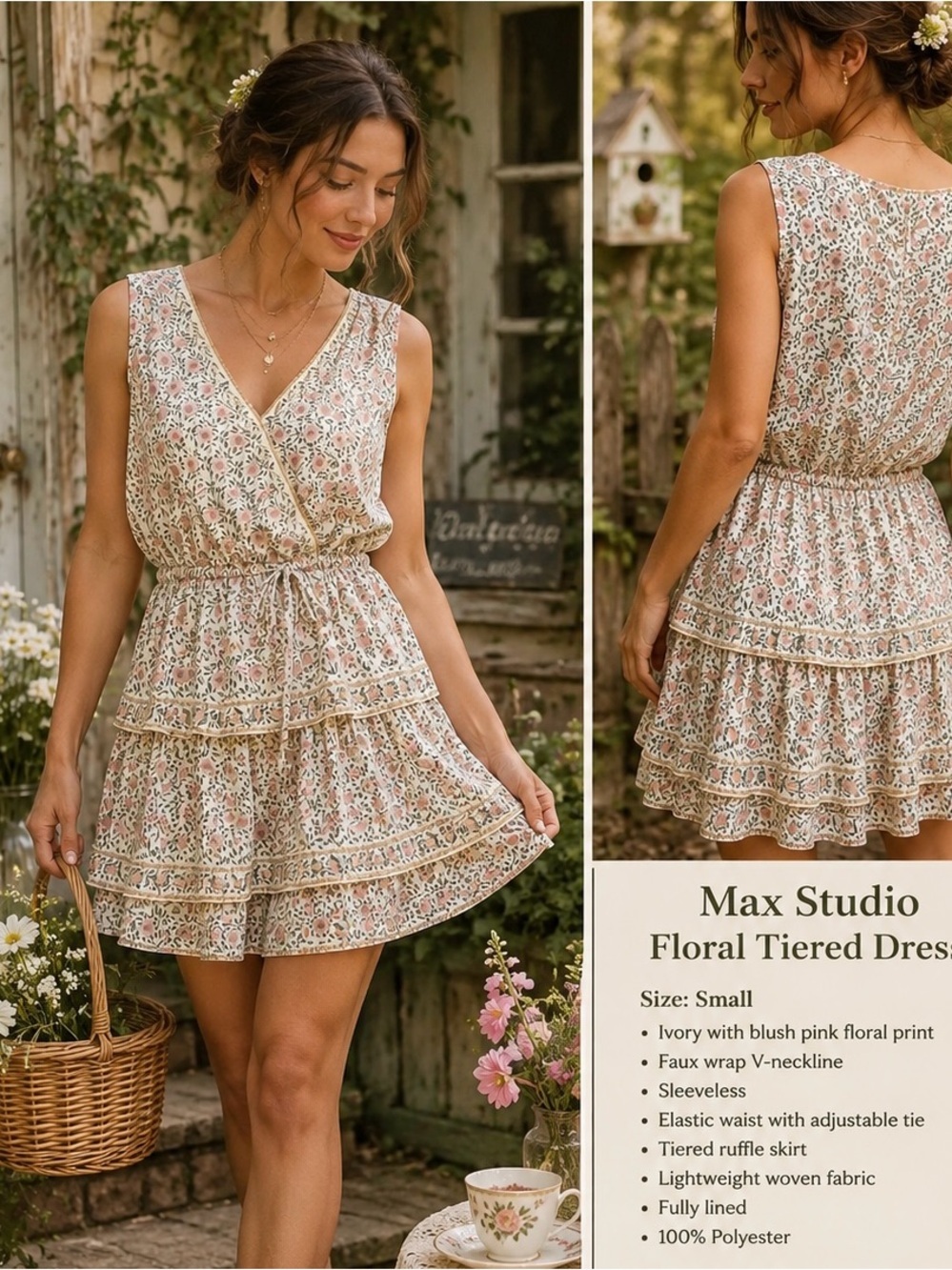 Max Studio Cottagecore Ivory and Blush Pink Floral Tiered Mini Dress